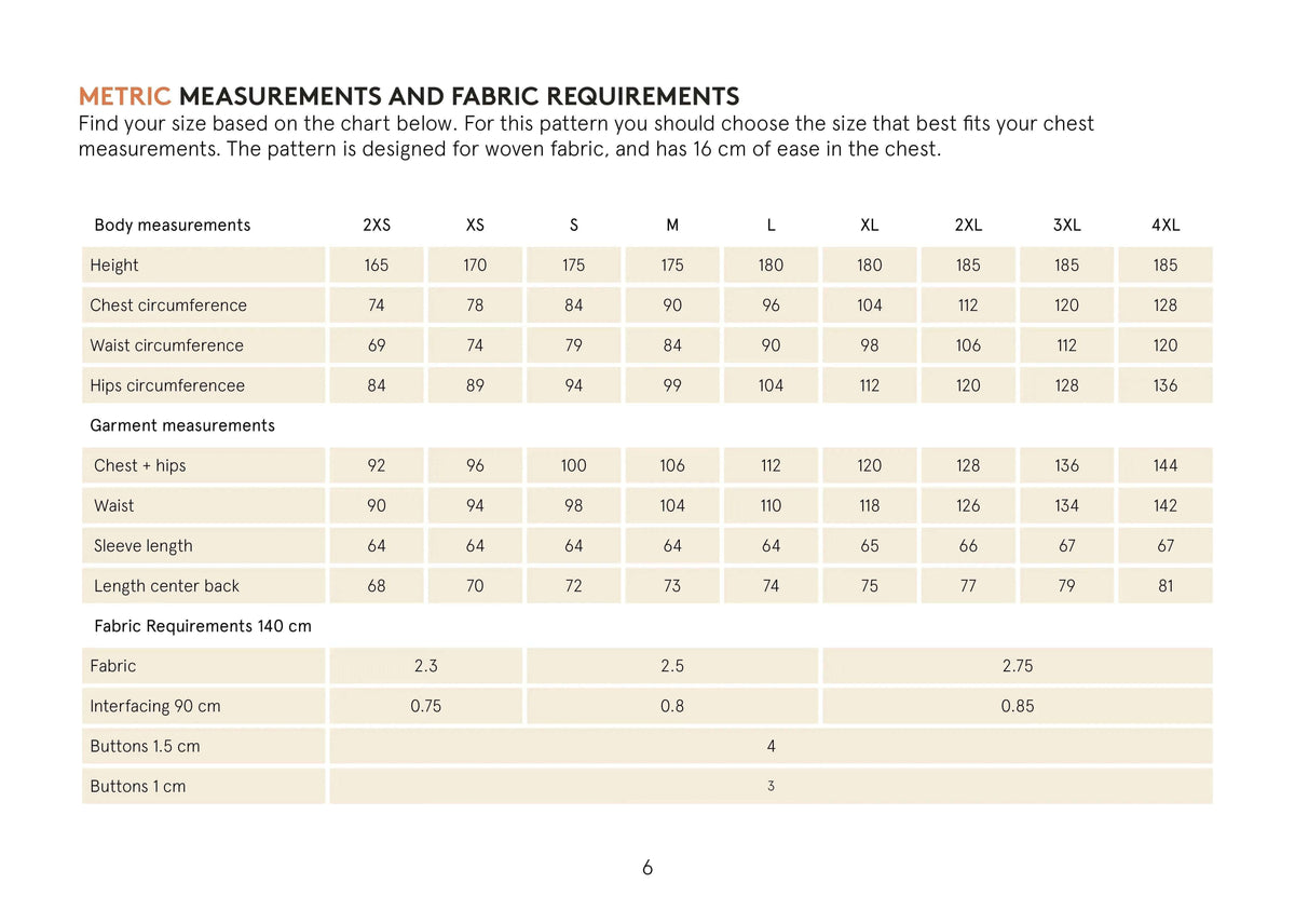 Overshirt Jacket Paper Pattern size chart showing body and garment measurements for men's sizes.