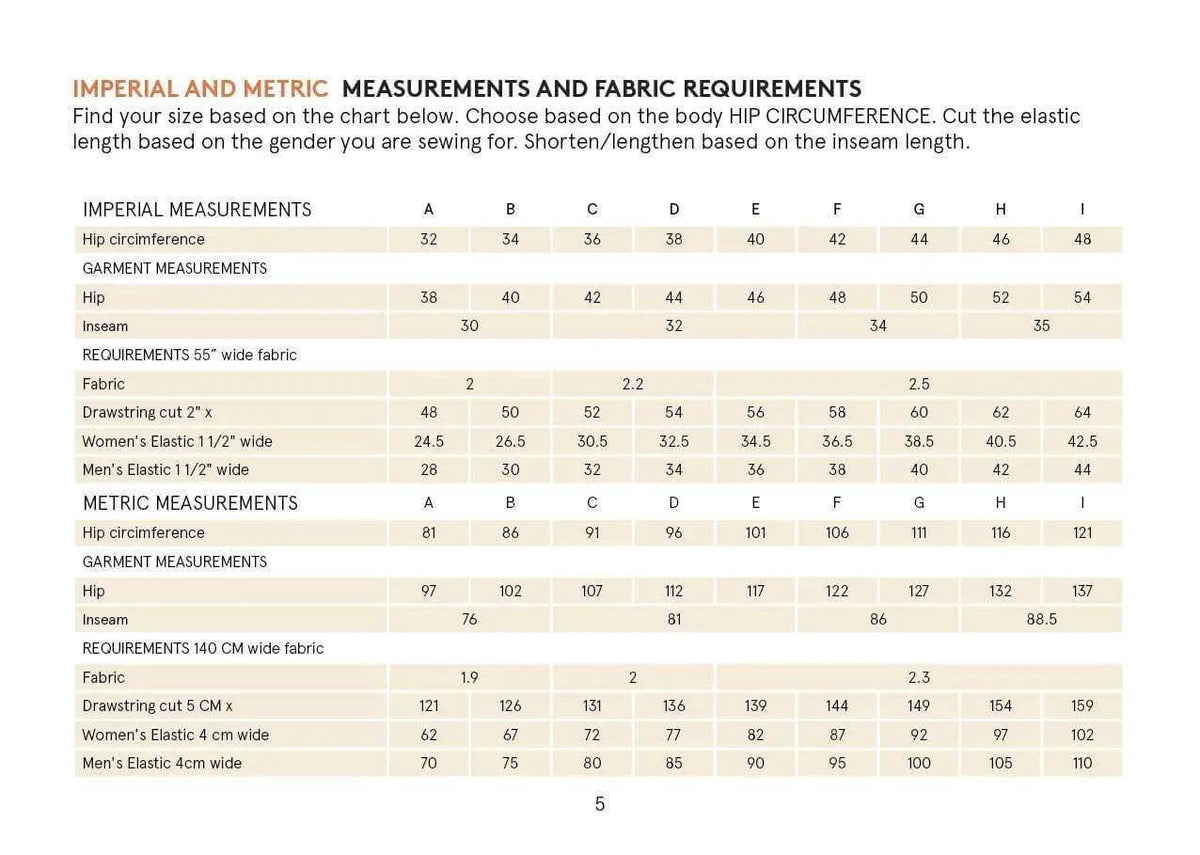 Pajama Pants Paper Pattern size chart with imperial and metric measurements for pajama pants construction.