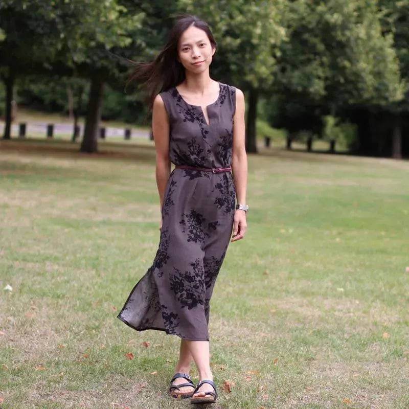 Piper Tunic Paper Pattern worn by a woman outdoors, showcasing its chic design and relaxed fit in a natural setting.