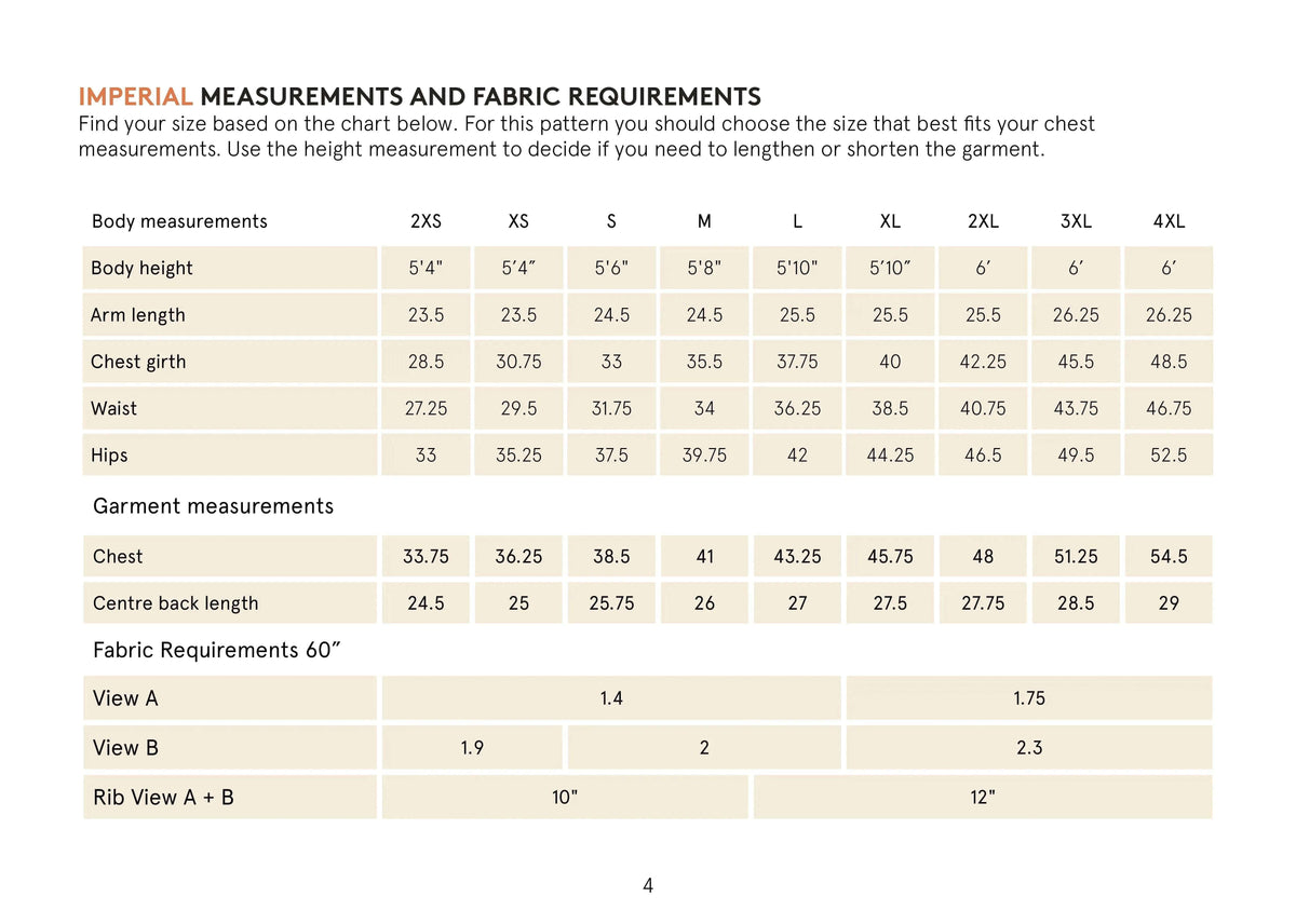 Imperial measurements and fabric requirements for Rebel Hoodie paper pattern, showing size charts and fabric details.