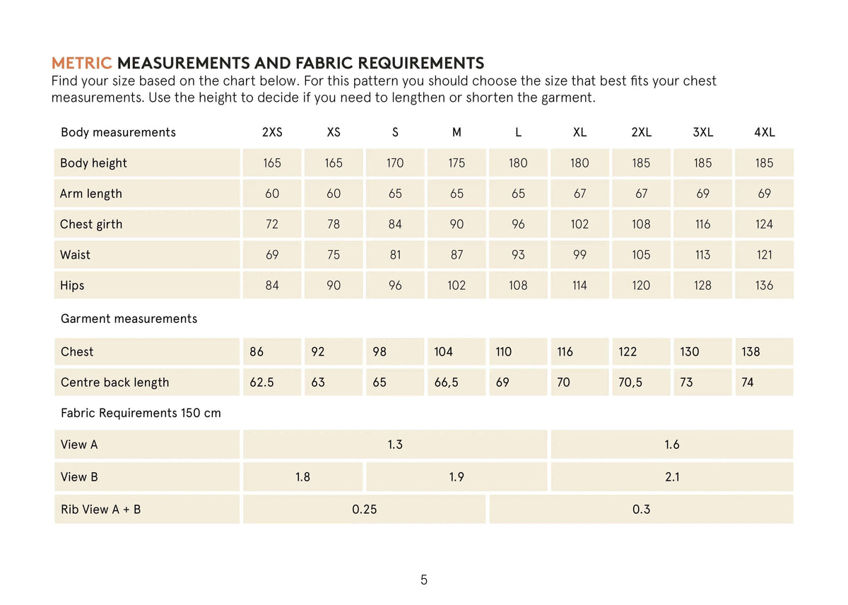 Metric measurements and fabric requirements for the Rebel Hoodie paper pattern.