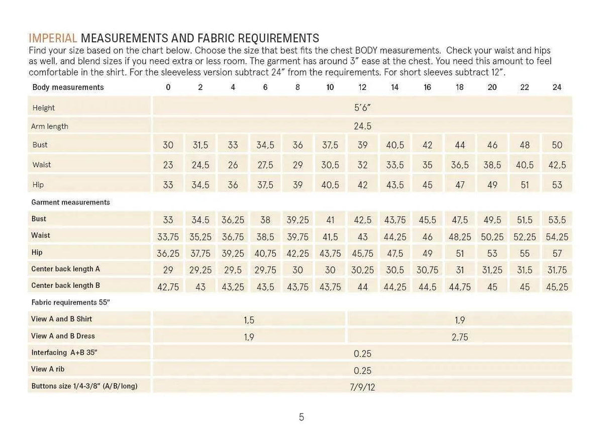 Savannah shirt Paper Pattern measurement and fabric requirements chart for women's sizes 0-24, 30-54.