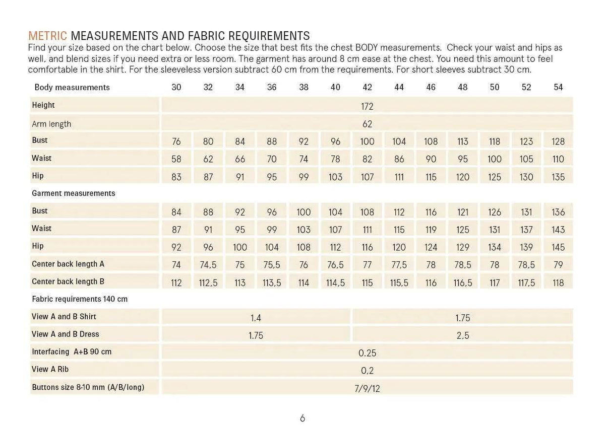 Savannah shirt Paper Pattern measurement chart for women's sizes, including body and garment measurements.