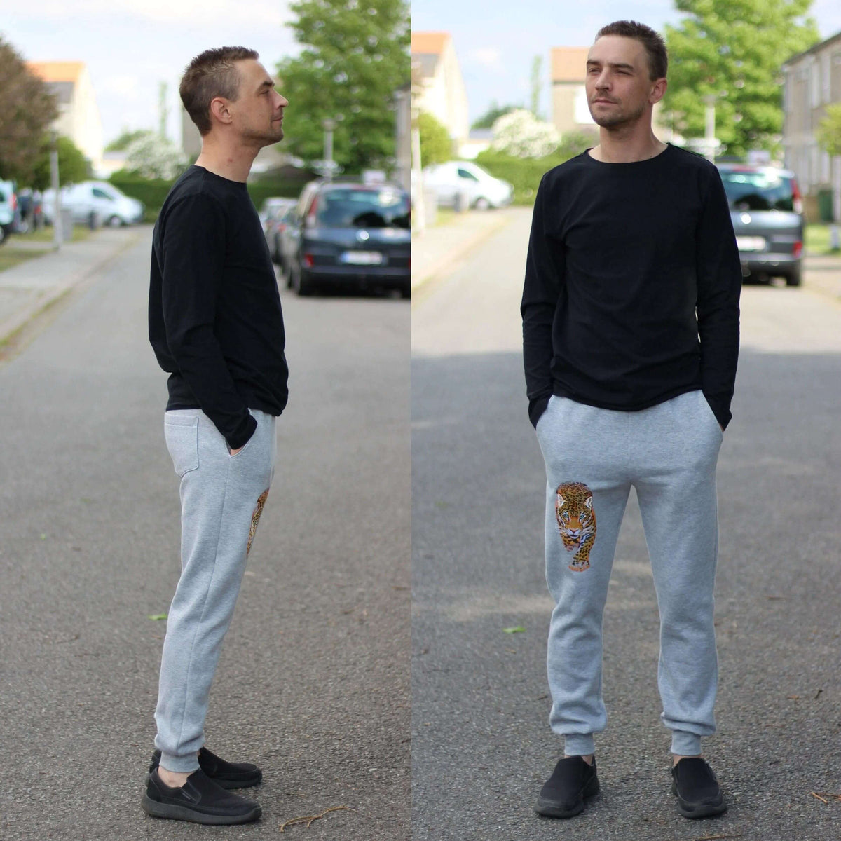 Model wearing Rebel Sweatpants Paper pattern in grey with side and front views, showcasing a relaxed fit and elastic waistband.