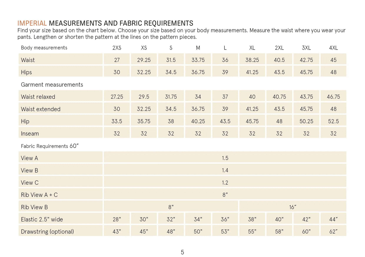 Imperial measurements and fabric requirements for Rebel Sweatpants Paper pattern sizes 2XS-4XL, including waist, hips, and inseam.