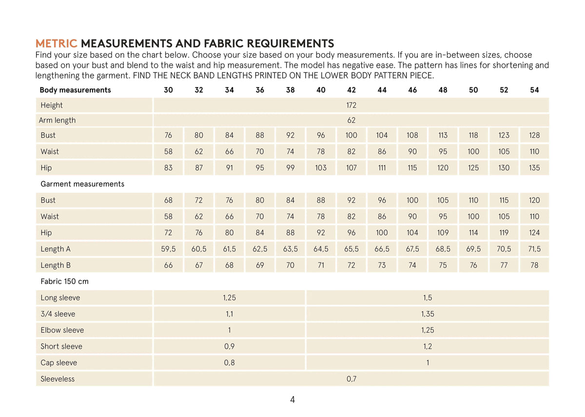 Metric measurements and fabric requirements for T-shirt Paper Pattern, showing body and garment sizes.
