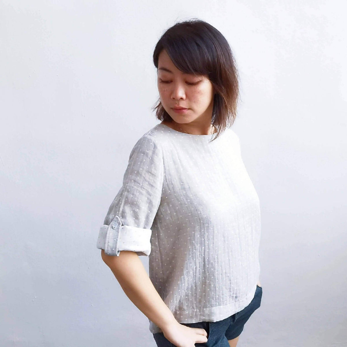 Whisper blouse Paper Pattern worn in lightweight double gauze fabric for a stylish, comfortable fit.
