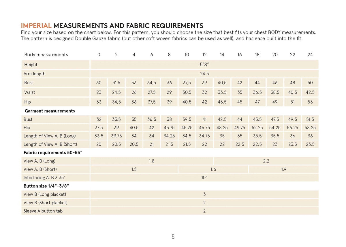 Imperial measurements and fabric requirements chart for Whisper blouse Paper Pattern sewing project.