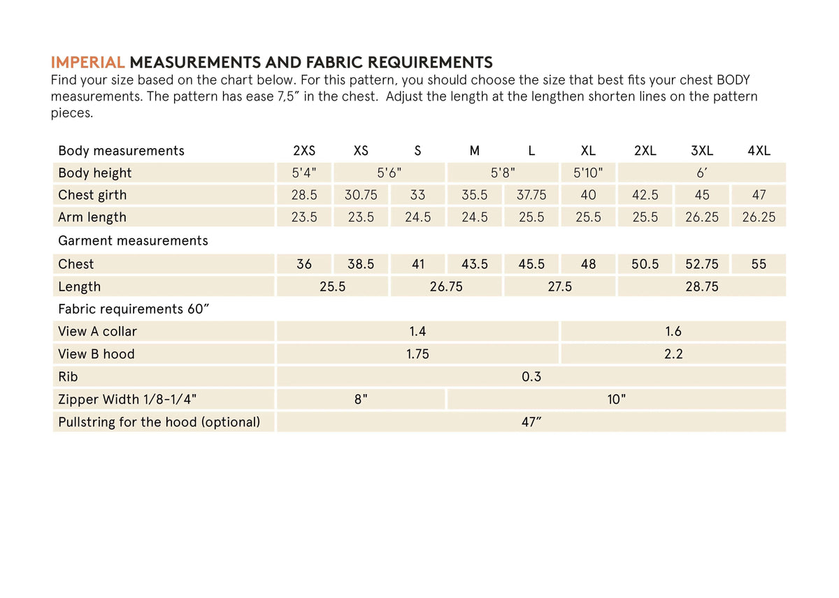 Imperial measurements and fabric requirements chart for Zip Up Sweater paper pattern sizing and details.