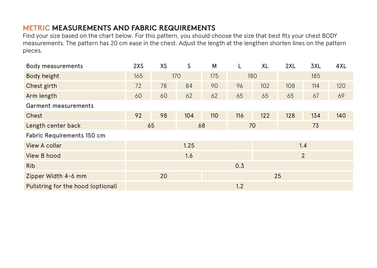 Zip Up Sweater paper pattern metric measurements and fabric requirements chart