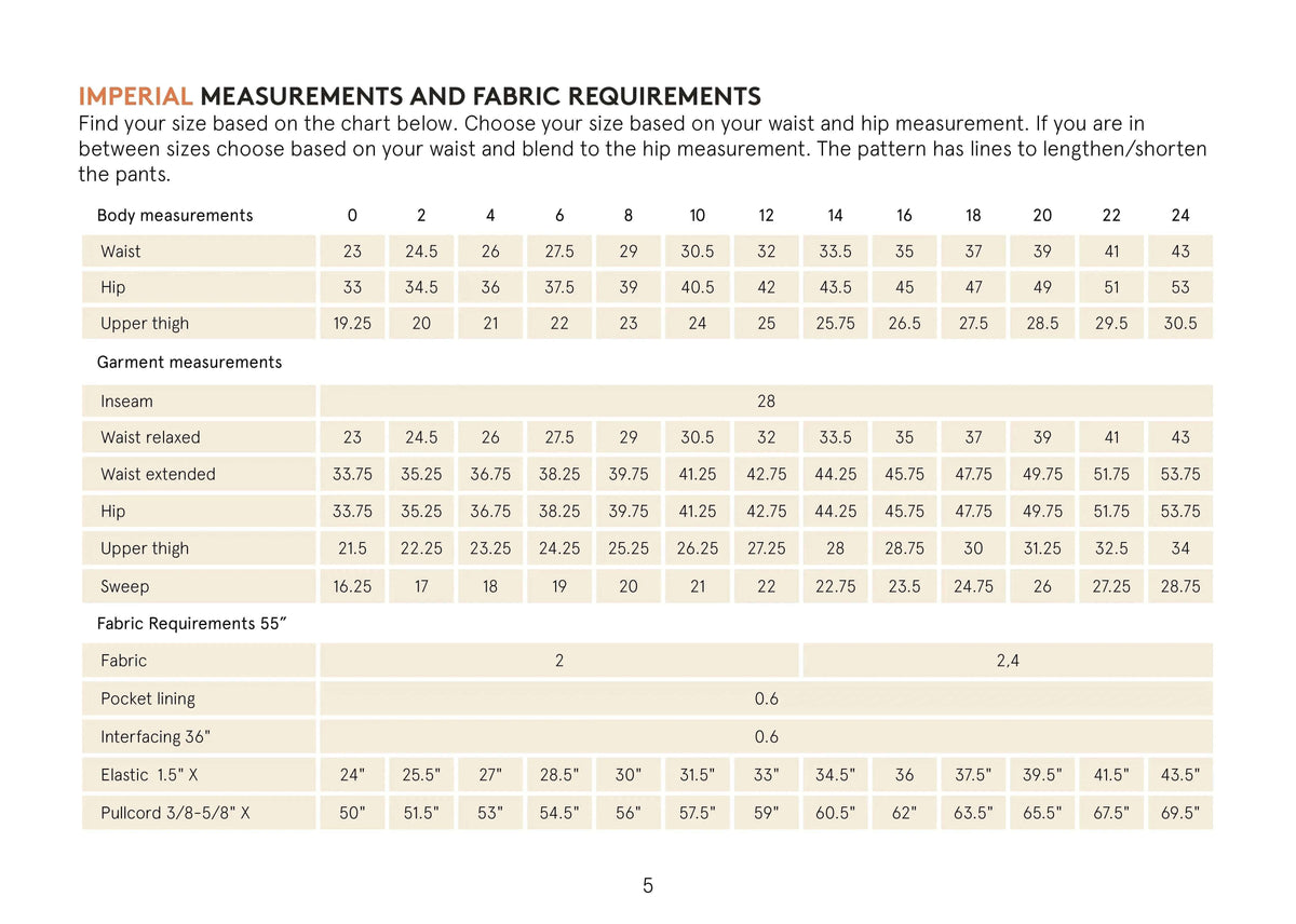 Size chart and fabric requirements for Easy Pants Paper Pattern, including body measurements and garment specifications.