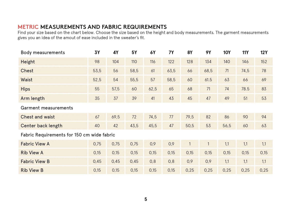 Metric measurements and fabric requirements for kids' hoodie sweater sewing pattern, including sizes 3Y to 12Y.