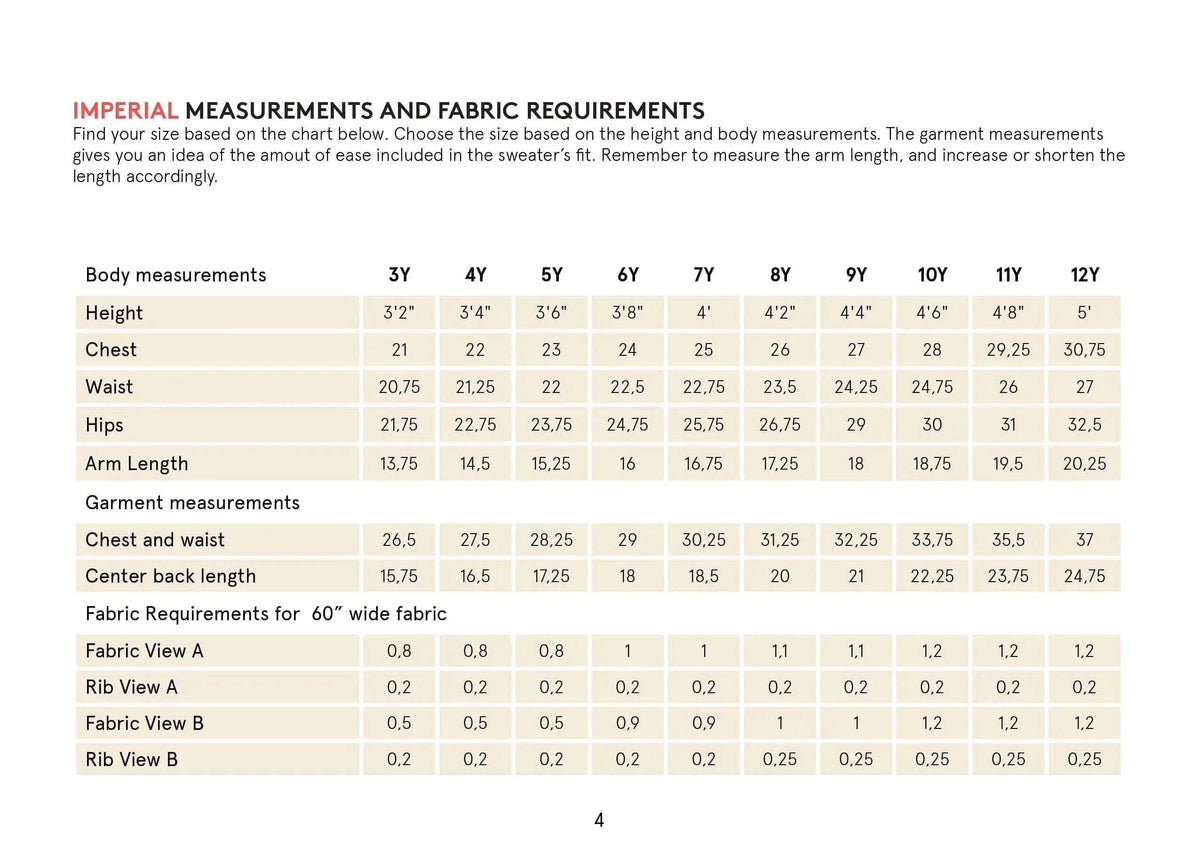 Imperial measurements and fabric requirements for hoodie sweater sewing pattern sizes 3Y to 12Y