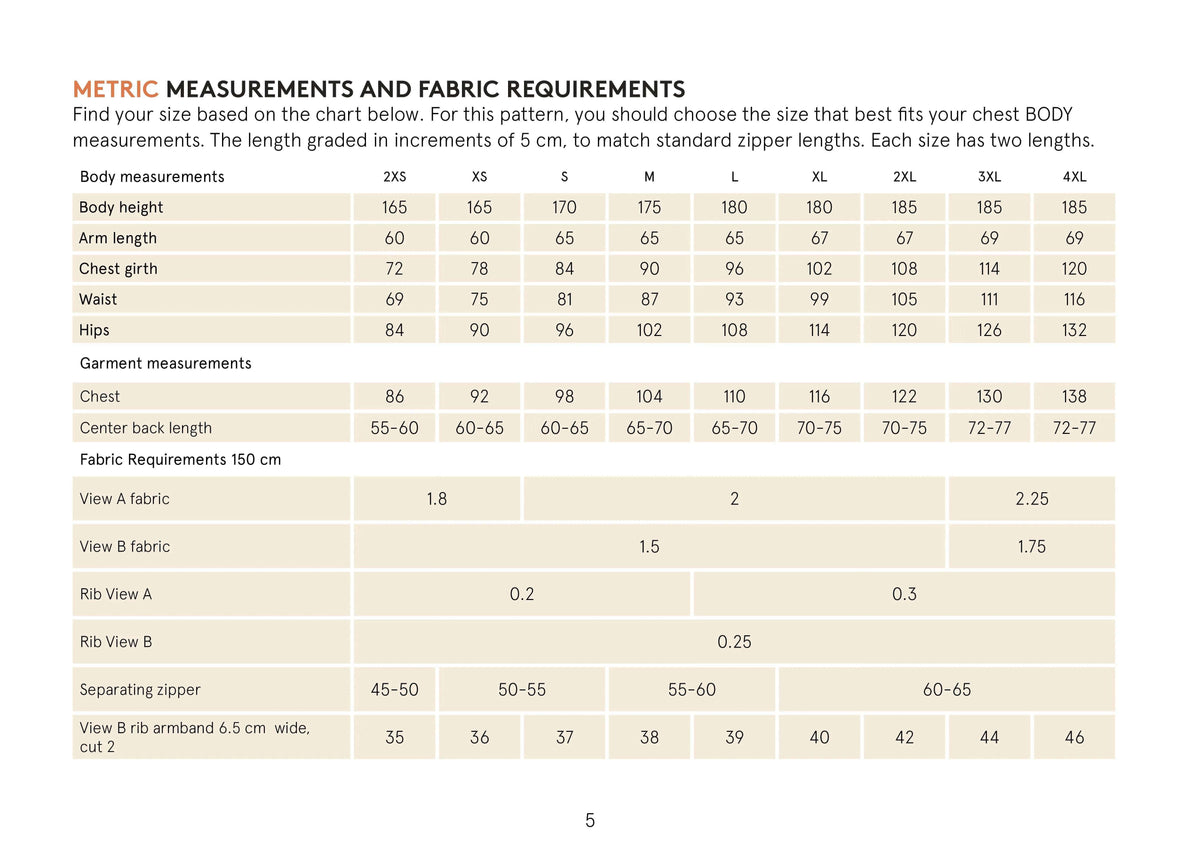 Metric measurements and fabric requirements for the Zipper hoodie paper pattern in men's sizes.