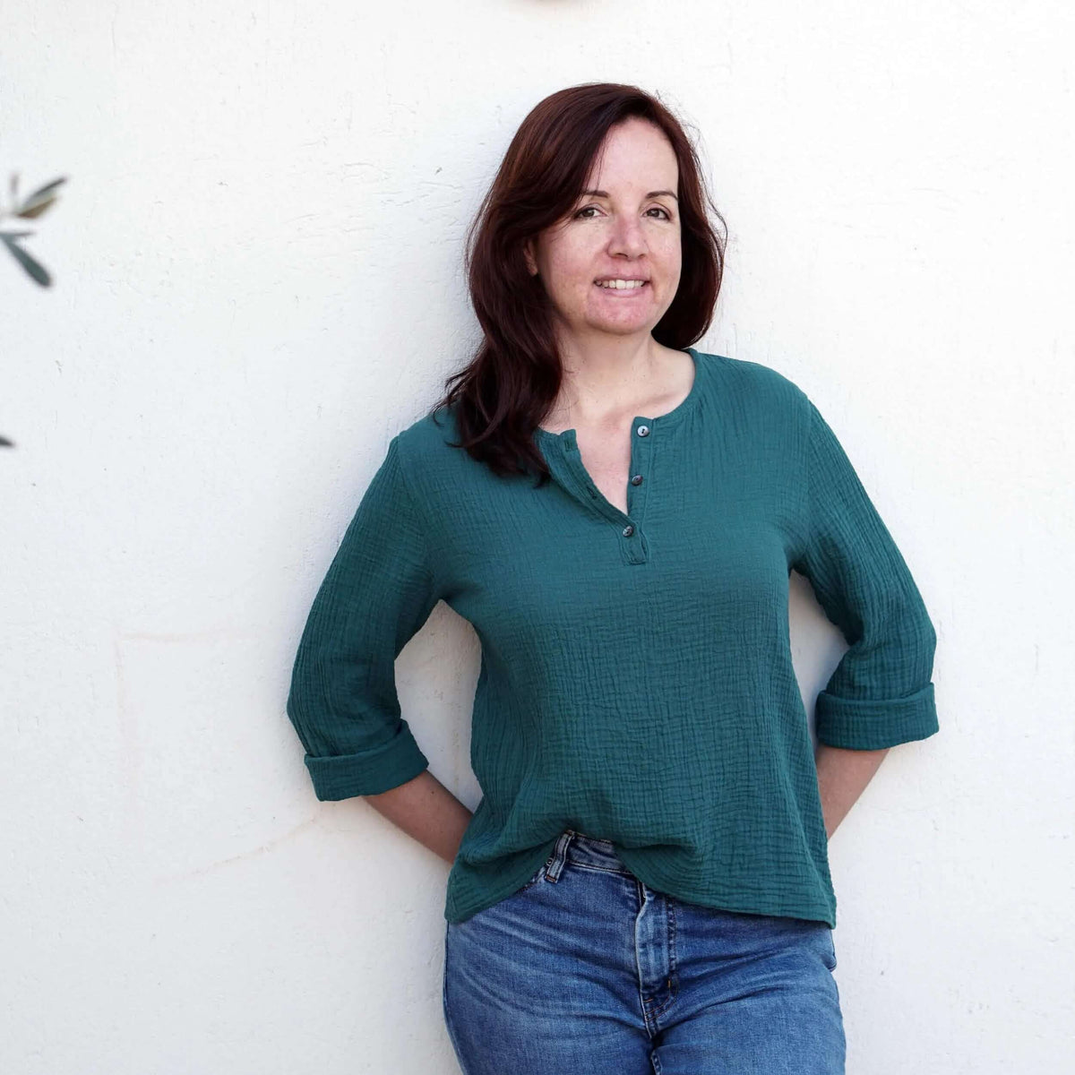 Whisper blouse Paper Pattern made in double gauze fabric, light and breathable, styled with rolled sleeves.
